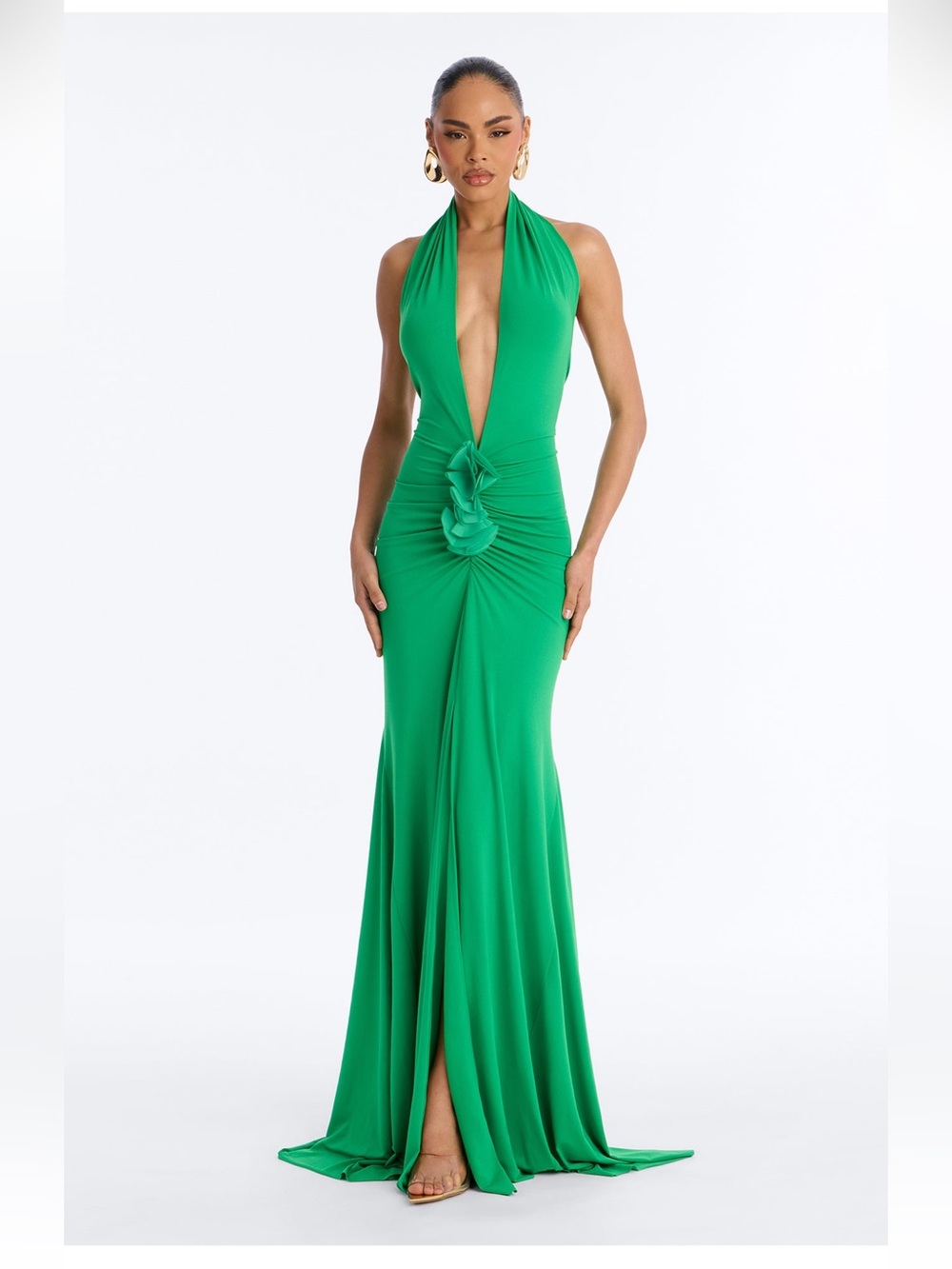 Fashion Nova Emerald Halter Plunge Gown